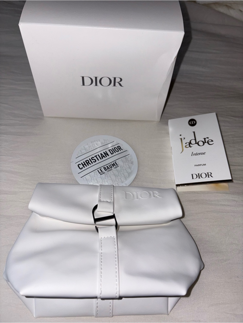 Dior White Leather Fold-Over Clutch ,Le Bane hand cream-jadore mini perfume